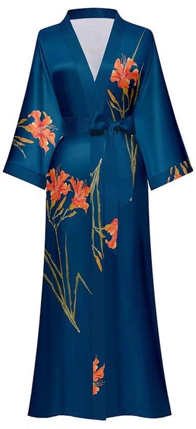 Kimono da camera per donne lunga con tessuto satinato, abito da bagno morbido per ragazze da sposa (blu scuro - freesia)