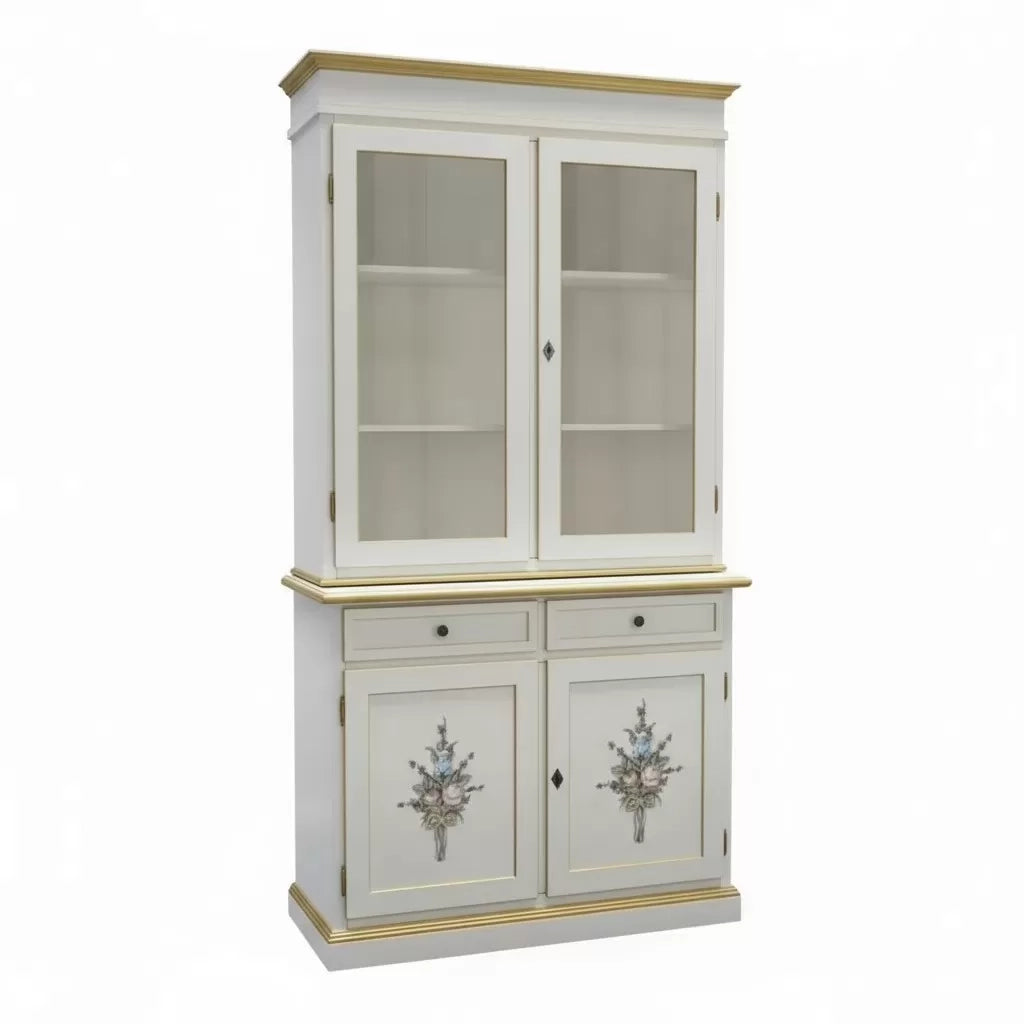 Cristalliera 2 porte shabby legno bianco decorata filo oro 105x42x206 - Mobili 2G