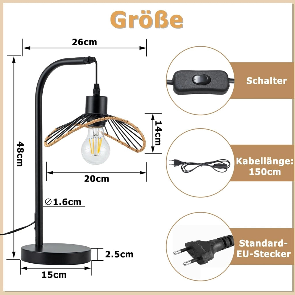 ZMH Lampada da tavolo vintage nera E27 per camera letto scrivania