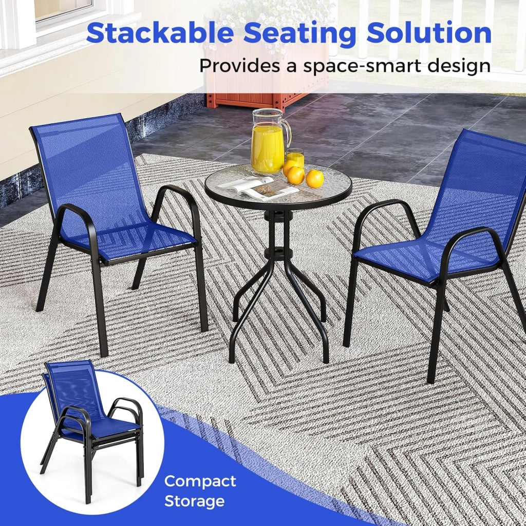 Set di 2 Sedie da Giardino con Tavolo in Vetro, Schienale Alto e Seduta Larga, Telaio in Acciaio Verniciato a Polvere, Tessuto Textilene Traspirante, per Balcone e Esterno (Blu)
