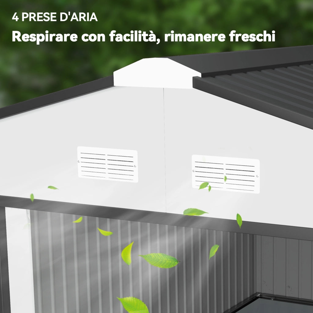 Casetta da Giardino 3.4x3.8x2 m in Acciaio con Doppia Porta Scorrevole e Tetto Inclinato, Argento