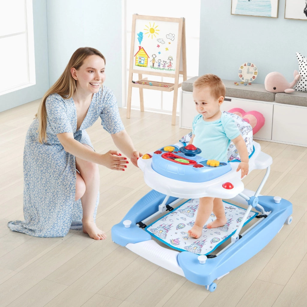 Girello per bambini con altezza regolabile vassoio musicale rimovibile, Centro attivit¨¤ per bambini di 6+ mesi Blu-Primi passi