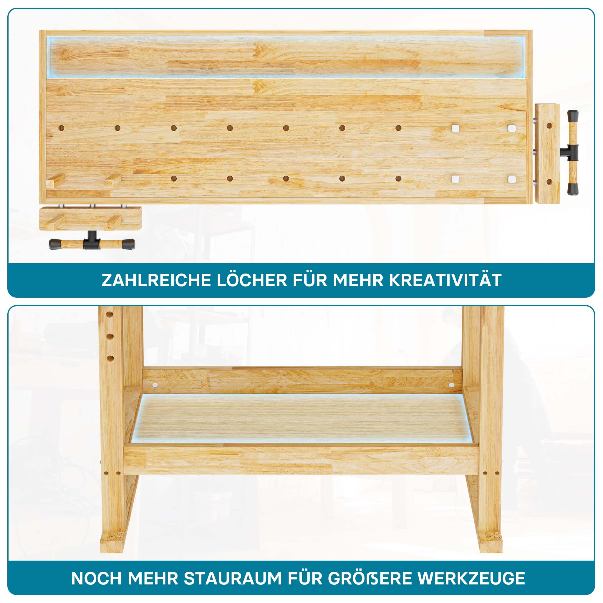 Banco da lavoro 145x49x86cm in legno (Rubberwood) ripiano e pinze di serraggio