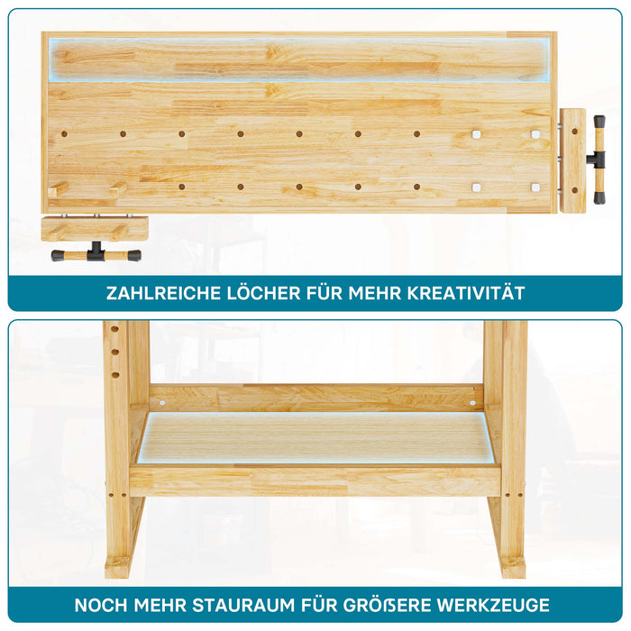 Banco da lavoro 145x49x86cm in legno (Rubberwood) ripiano e pinze di serraggio