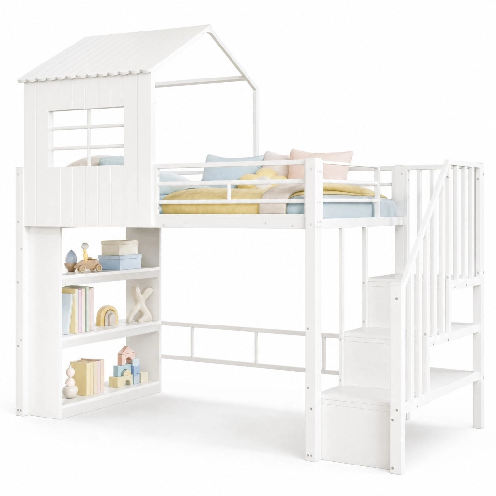 Letto a soppalco multifunzionale 90 x 200 cm con scala contenitore e scaffale; bianco