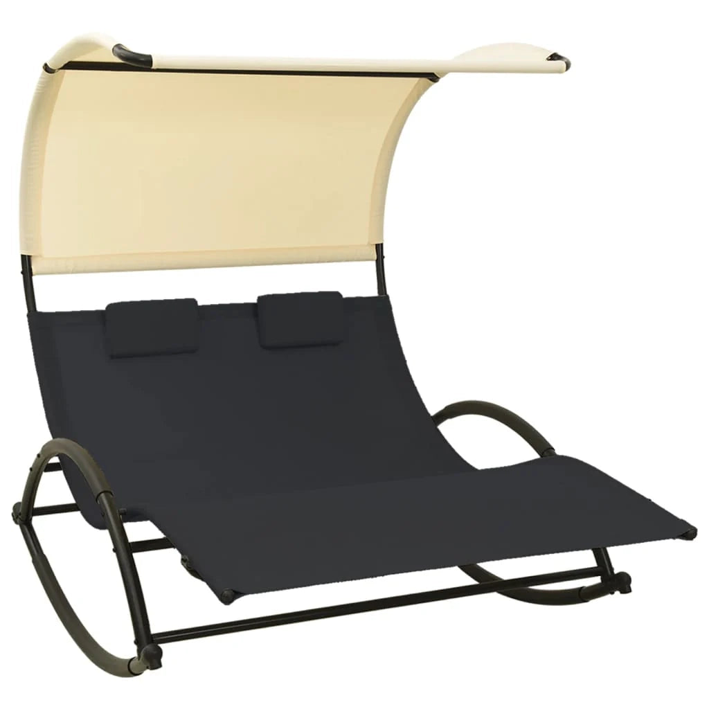 Lettino prendisole sedia a sdraio lettino prendisole letto da giardino mobili da giardino mobili da esterno doppi con baldacchino in textilene nero e crema 02_0012723