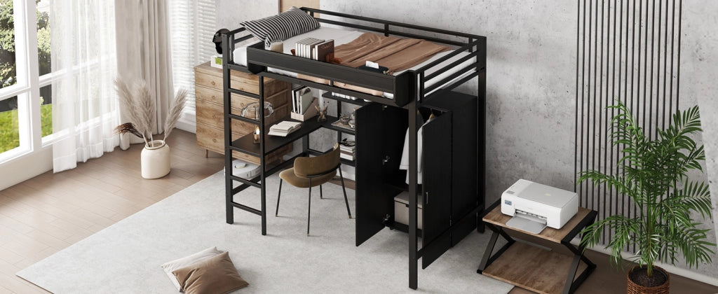 LETTO a castello 90x200 cm Nero in metallo e legno con tavolo e armadio