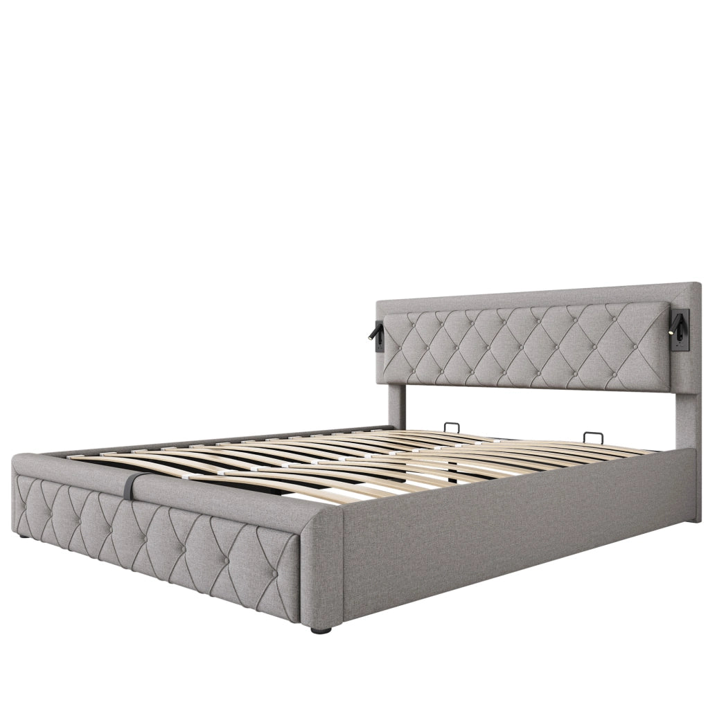 Letto 180x200 cm con contenitore idraulico, LED e USB, rivestito in lino grigio