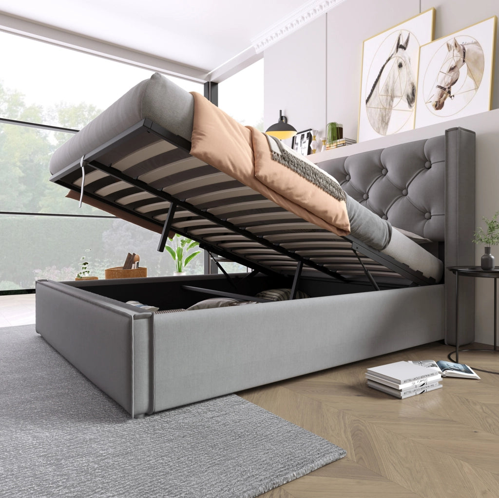 Letto imbottito idraulico 140x200 cm grigio con vano contenitore