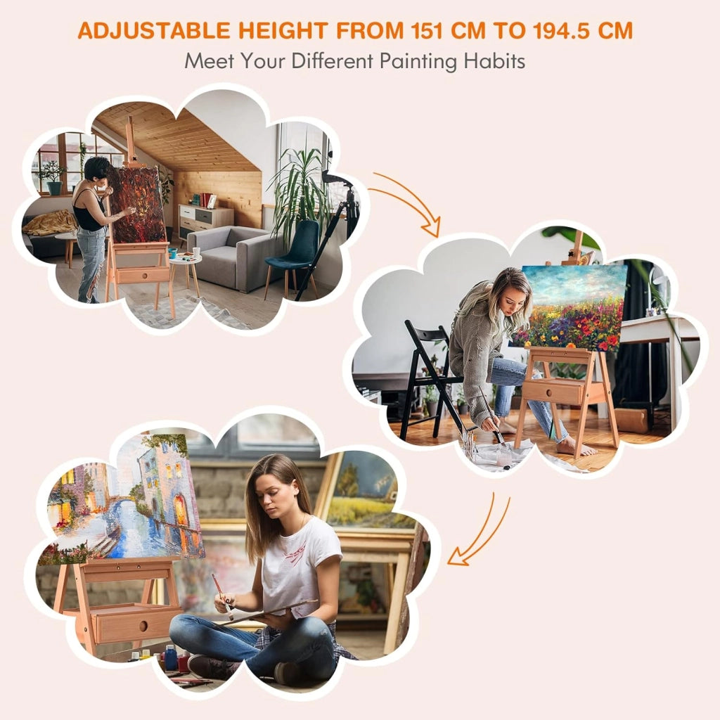 Cavalletto in Legno di Faggio Massiccio, con Ripiano e Cassetto, Cavalletto da Pavimento Regolabile in Altezza, Cavalletto per Artisti Fino a 92 cm di Altezza, 151-194,5 cm, Carico di 15 kg