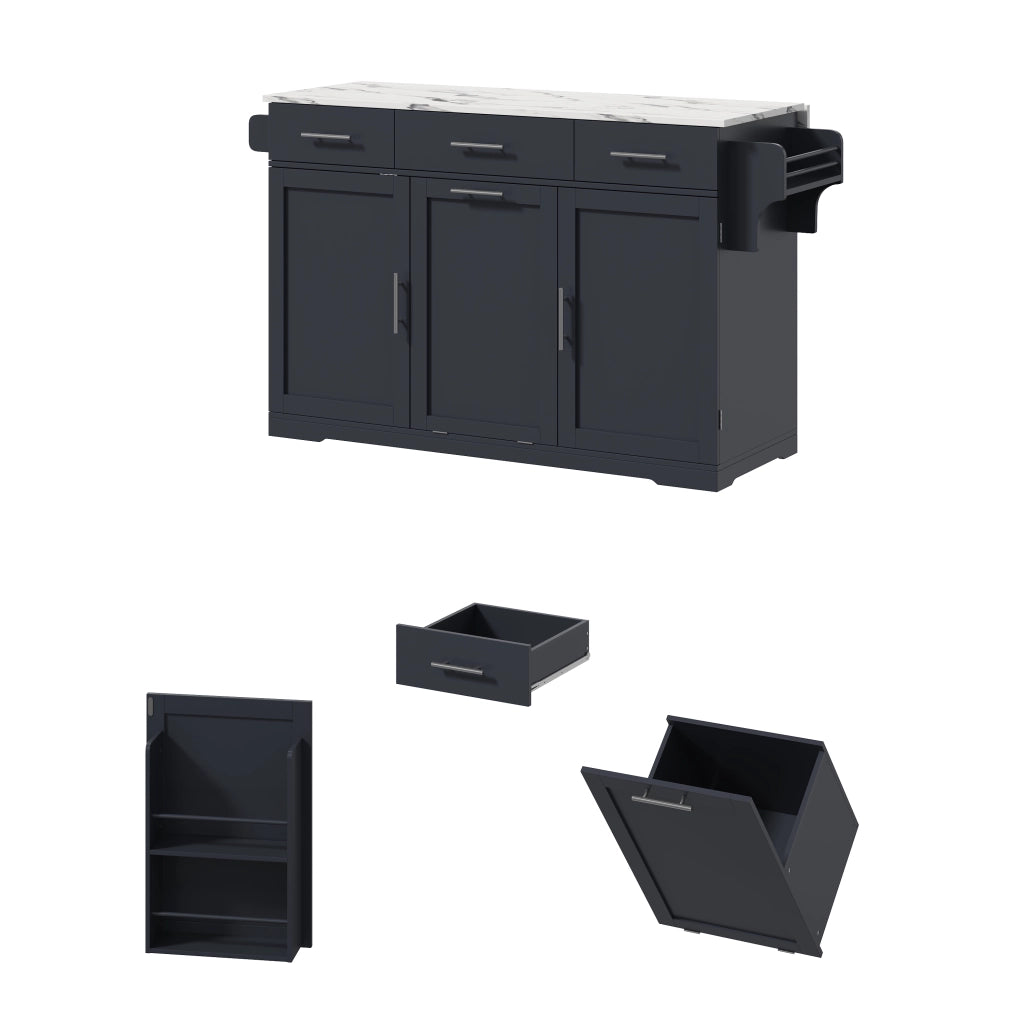 Isola cucina mobile in MDF grigio con piano ribaltabile; 3 cassetti e ruote bloccabili