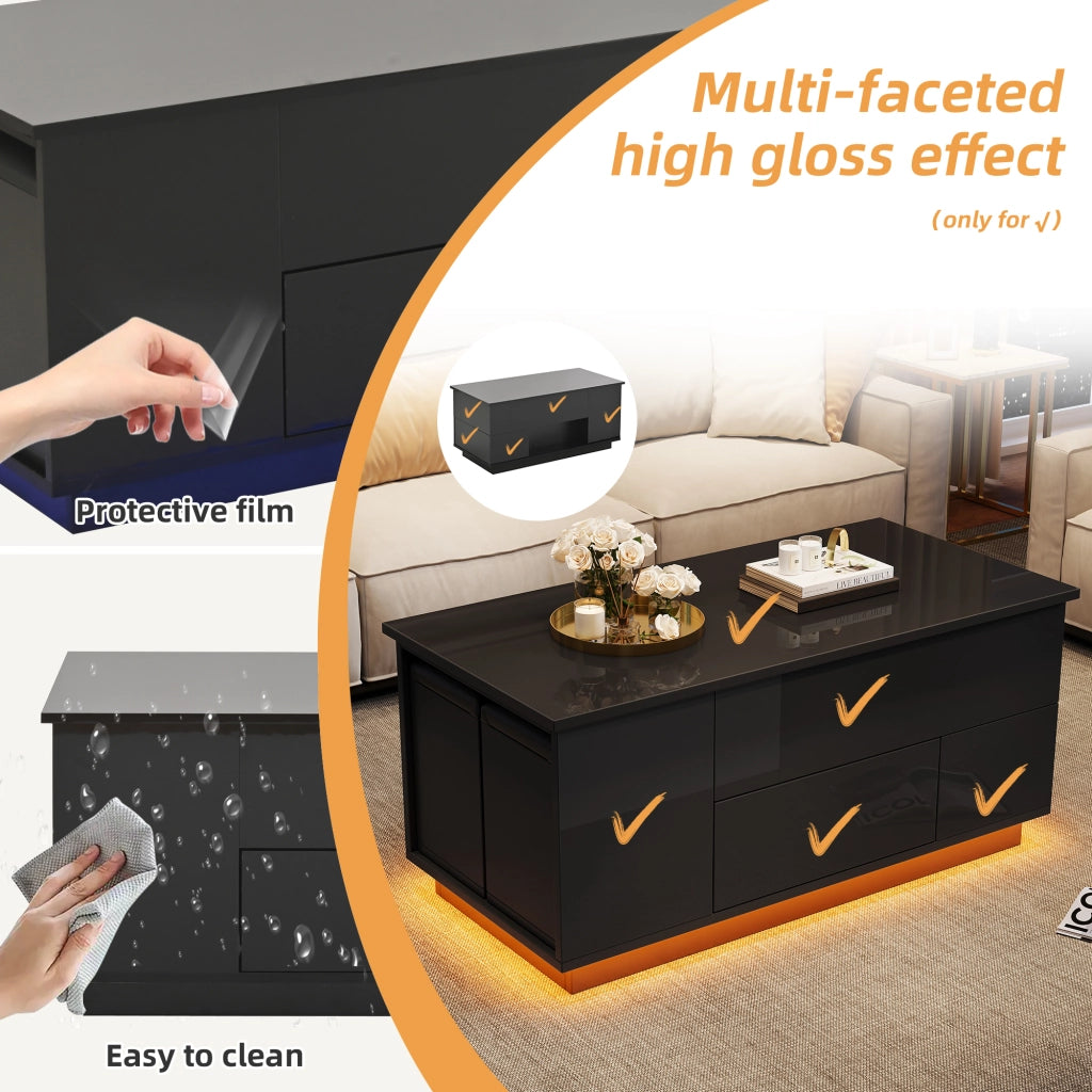 OKWISH Tavolino da Salotto Alzabile con 2 Cassetti, LED e 2 Sgabelli Contenitore, per Soggiorno, 100 x 50 x 45 cm