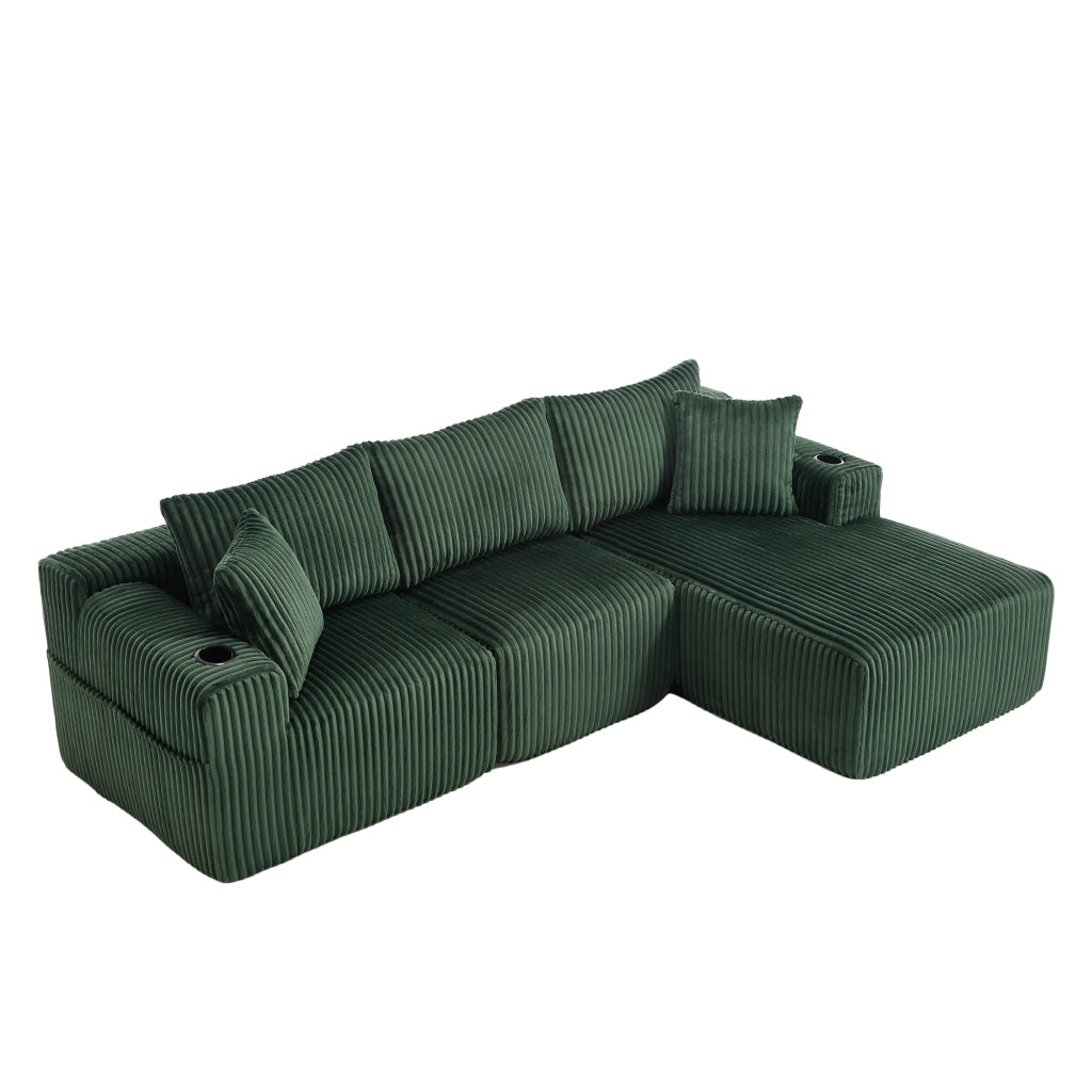 Divano modulare con chaise longue e 2 posti in velluto a coste con 5 cuscini e tasche laterali verde smeraldo