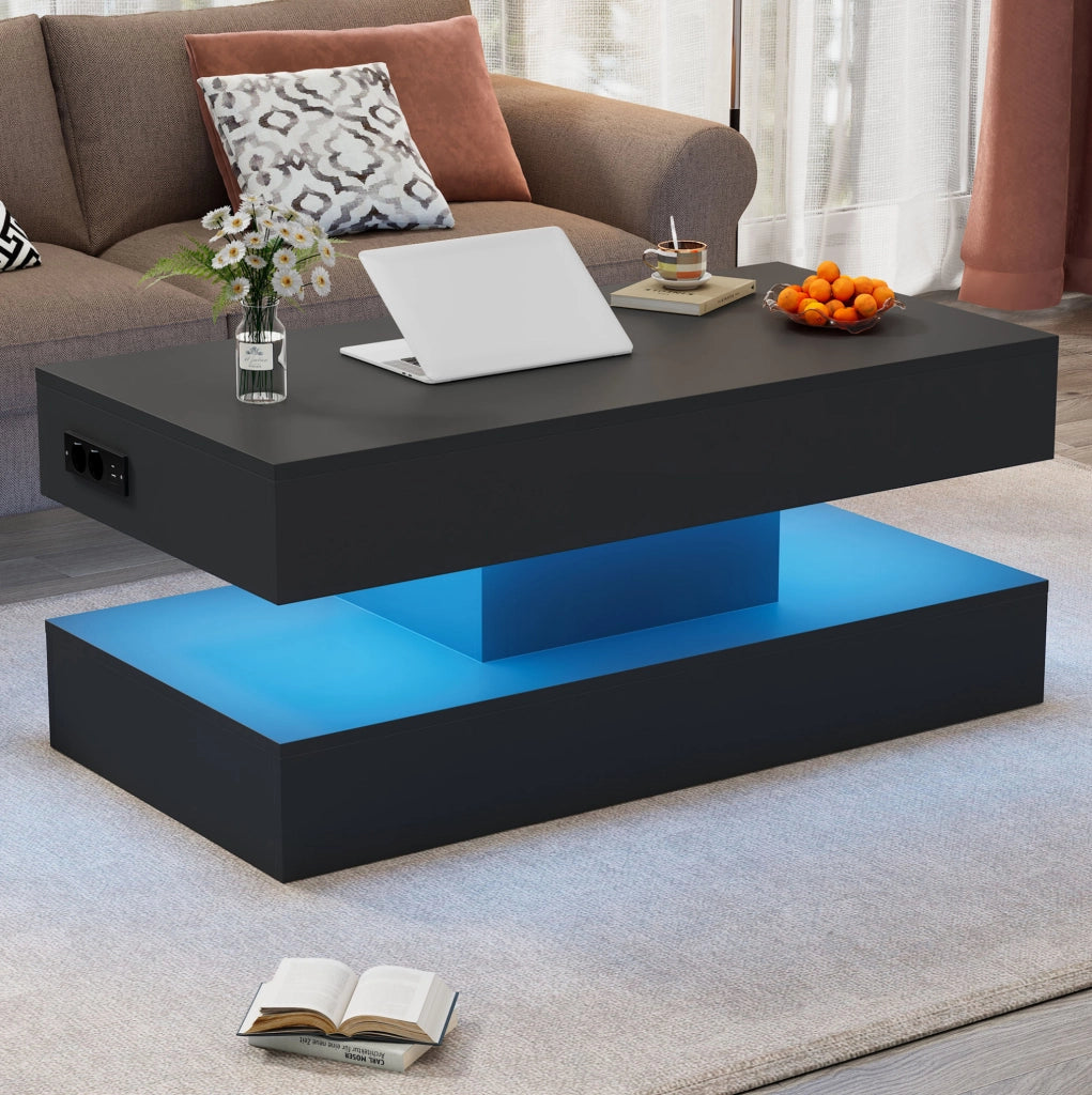 Tavolino da caffè 100x50x42 cm con piano sollevabile; LED integrata e vano nascosto in truciolare nero
