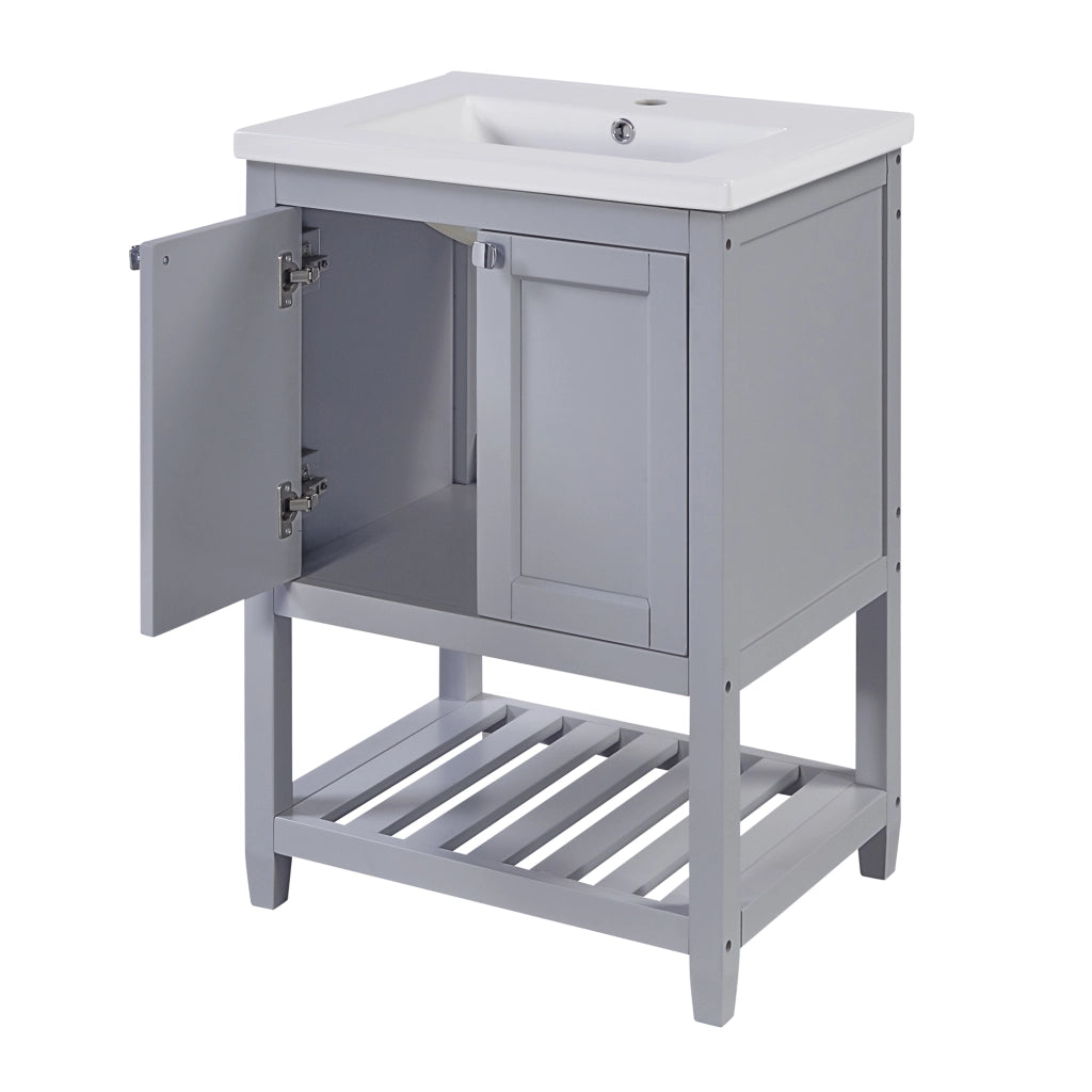 Mobile sottolavabo da bagno con lavabo in ceramica, 1 vano aperto, per bagno, in legno massello e MDF, grigio