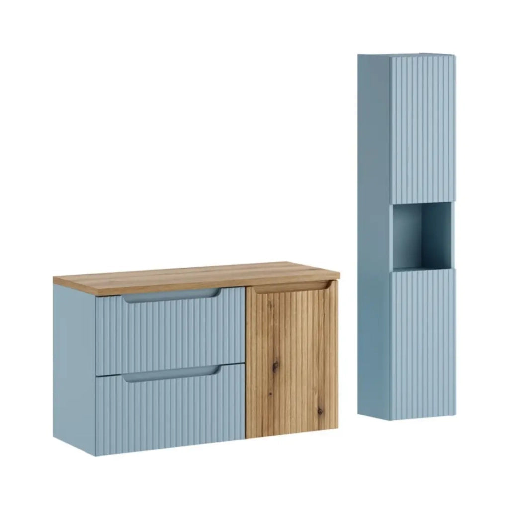 Set VANO blu denim e rovere chiaro 130cm: mobile sottolavabo con cassetti e cesto per la biancheria + piano per lavabo + colonna