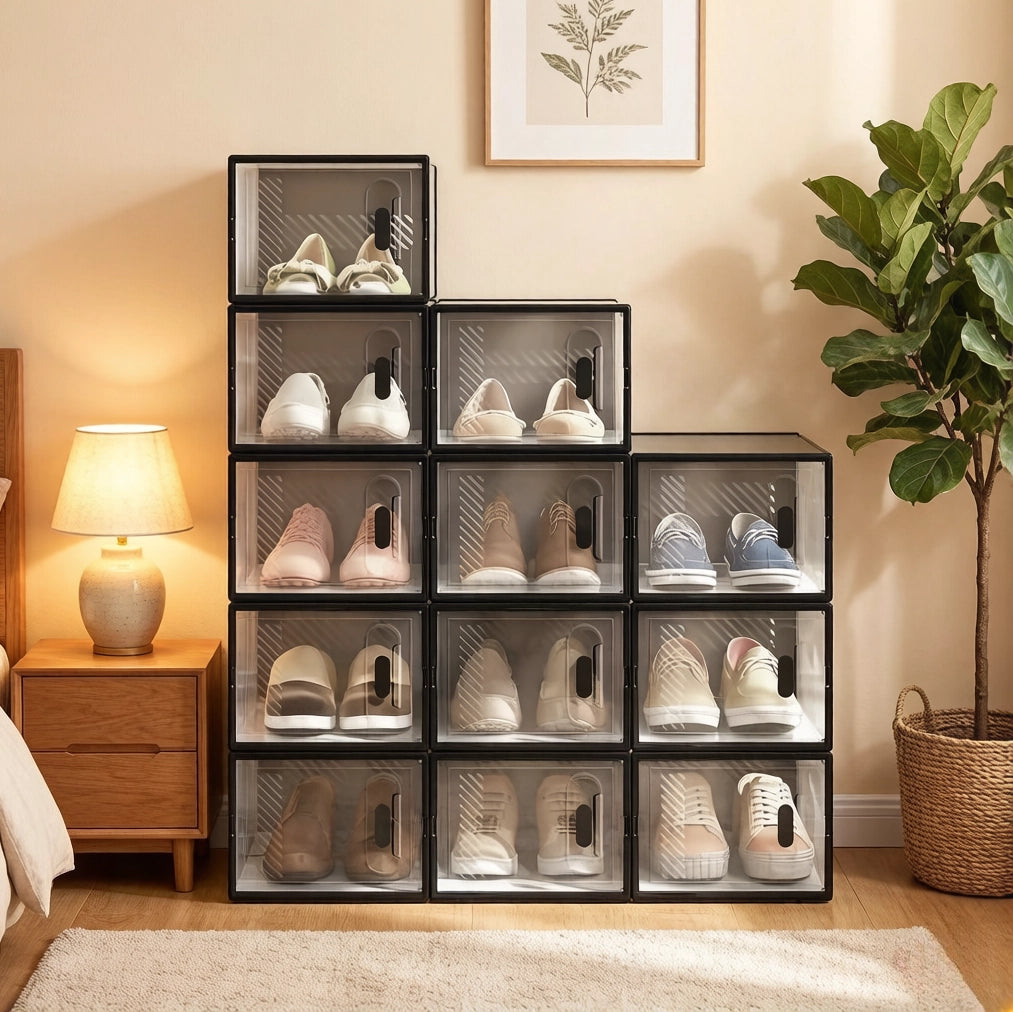 Set di 12 Scatole Impilabili per Scarpe in Plastica Trasparente e Nero, Dimensioni 25x18,5x35,5 cm