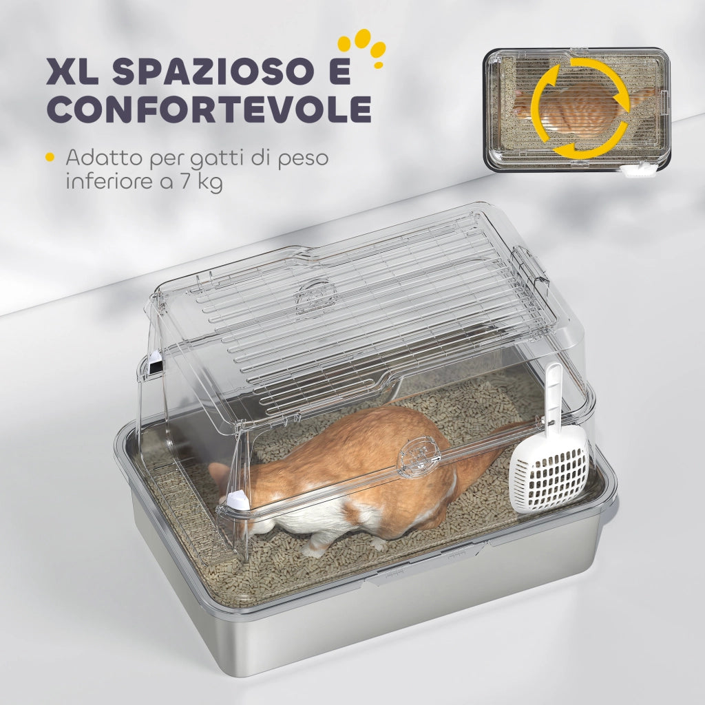 Lettiera per Gatti Grandi con Coperchio Ribaltabile Paletta e Deodorante in Acciaio Inox Grigio Chiaro