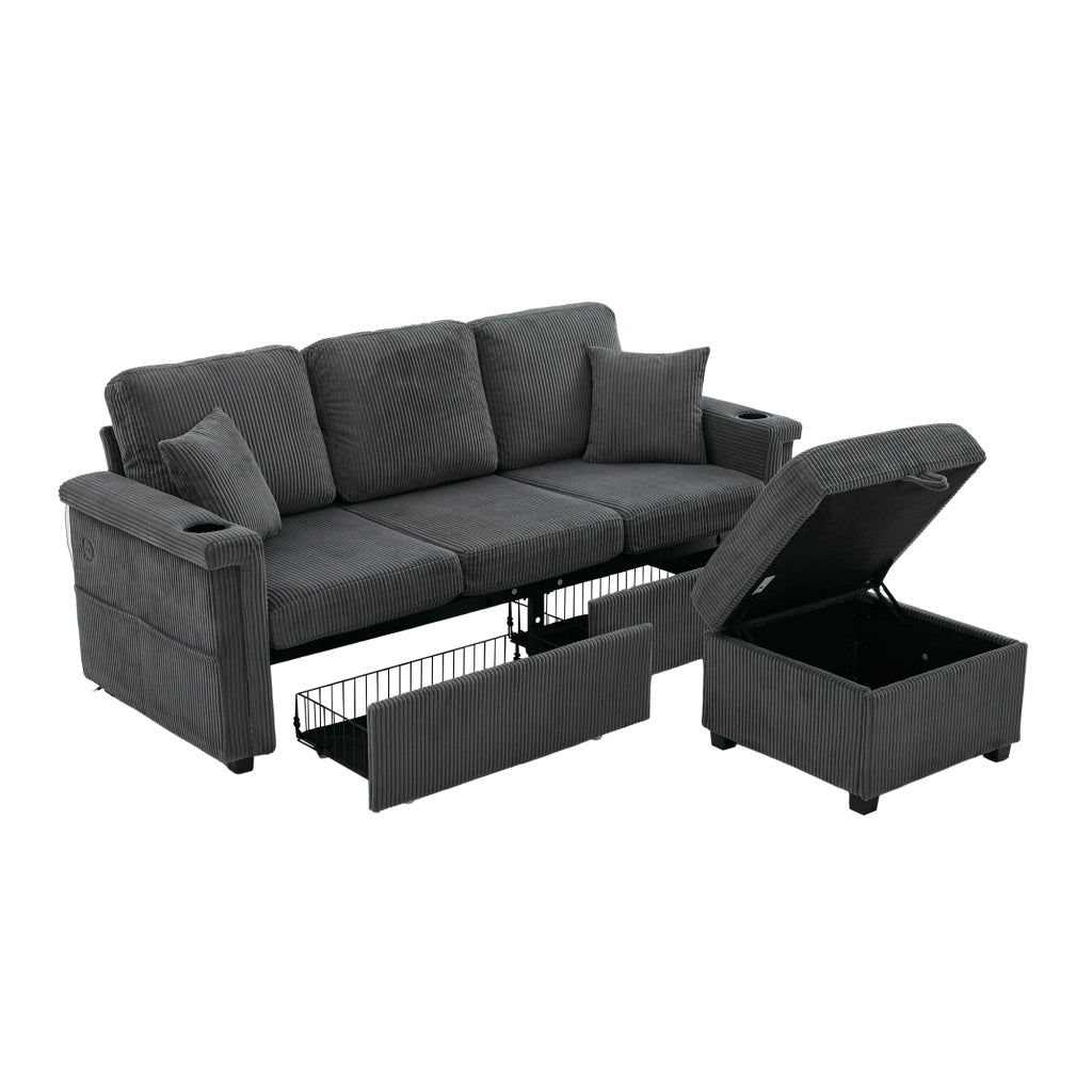 Divano modulare con LED; USB/TYPEC e contenitore 194x73x81 cm; grigio scuro