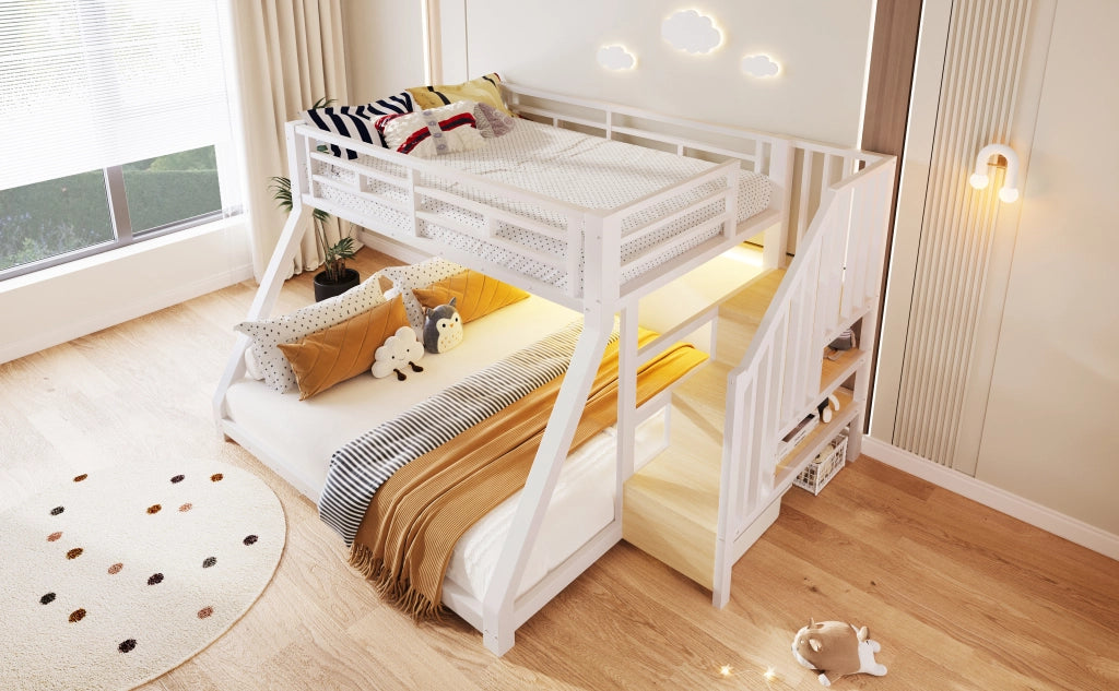 Letto a castello 90 × 200 cm et 140 × 200 cm con 3 scomparti, scale contenitore et LED, senza materasso, in metallo, bianco