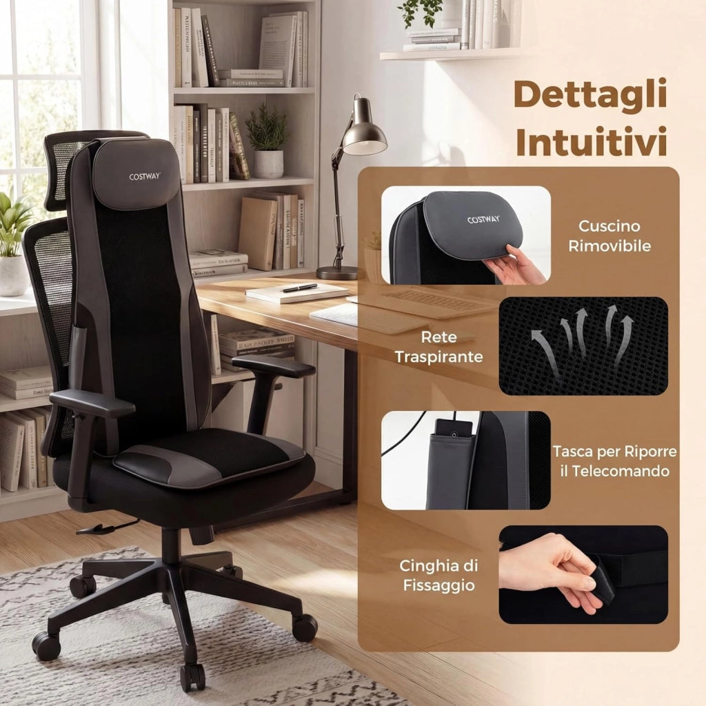 Sedile Massaggiatore per Schiena con Calore, Cuscino Massaggiante Shiatsu per Poltrona con 4 Nodi Impastanti a Rotazione e 2 Motori Vibranti, Massaggiatore 3D per Collo e Schiena