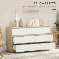 Cassettiera 6 Cassetti Moderna in Legno, 135x48x77cm, Bianco e Colore Legno