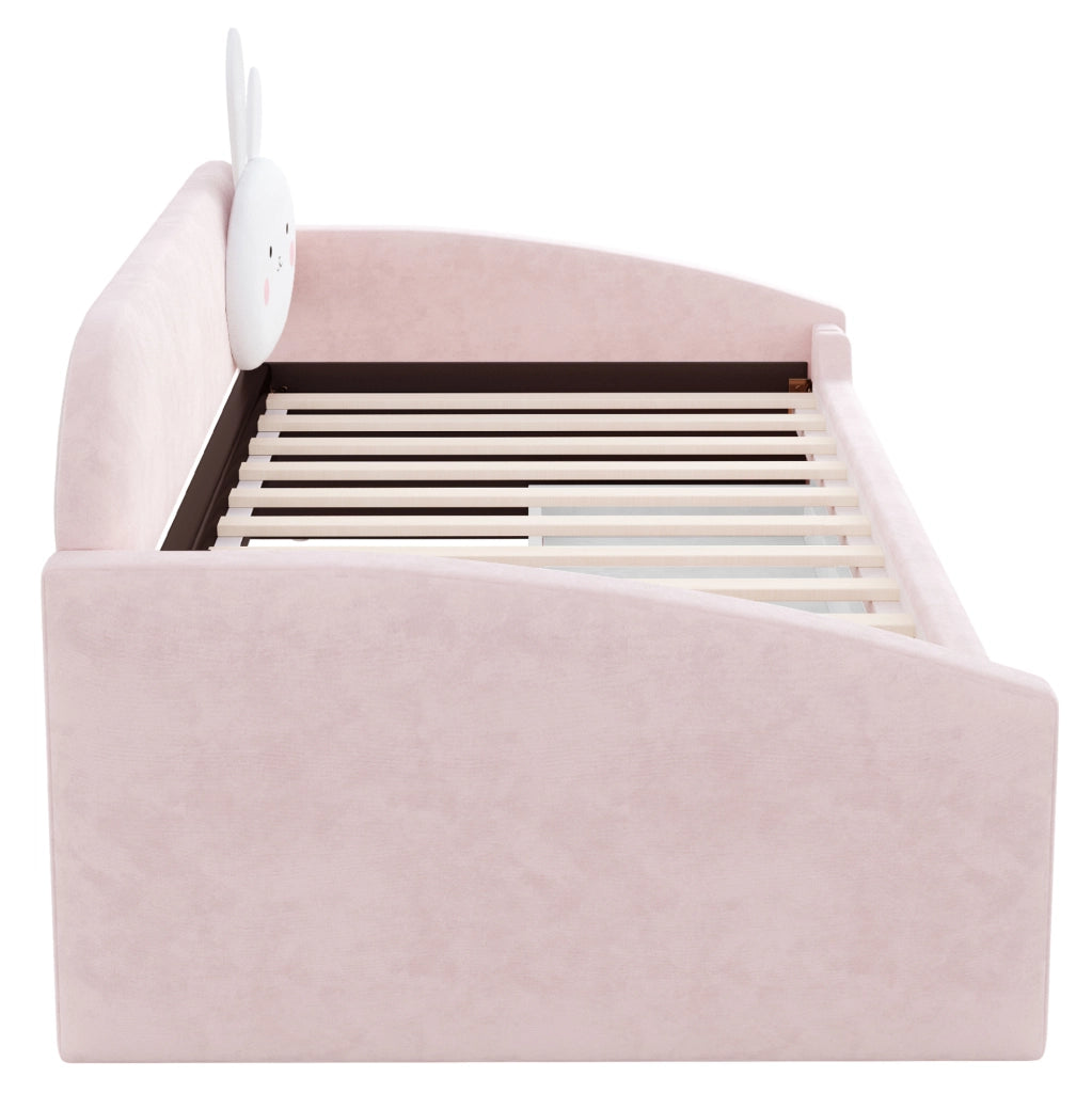 Letto imbottito 90x200 cm con LED e cassetti in velluto rosa