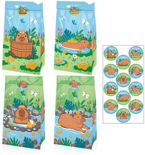 Confezioni di carta regalo 12 pezzi - Sacchetti di carta - Reutilizzabili - Ambientali - Tema capybara - Ideali per la decorazione di feste - Sacchetti di regalo
