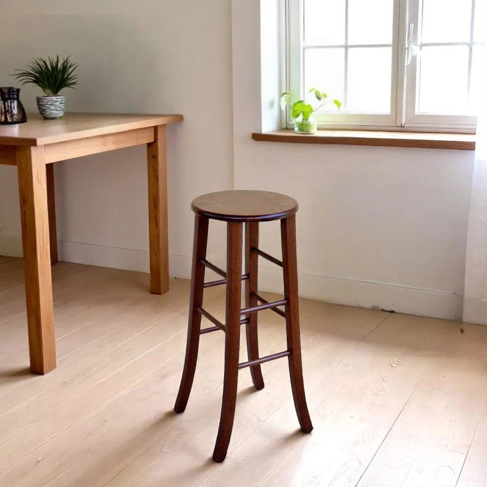 Sgabello H 80 cm in legno noce scuro con seduta rotonda e gambe a sciabola