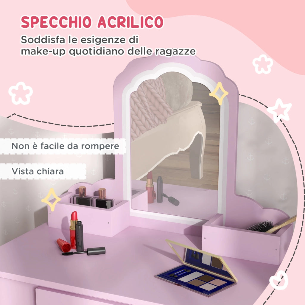 Toeletta Bambini con Specchio e Sgabello in Legno ¨C zephmum ¨C Rosa