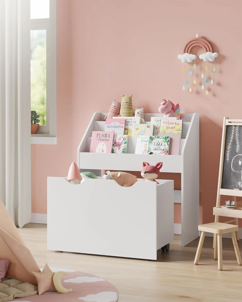 Scaffale per Giocattoli, Libreria per Bambini a 3 Scomparti, Contenitore Portagiochi Estraibile con Ruote, Multiuso, per Cameretta e Stanza dei Giochi, Bianco Nuvola GKR041W10