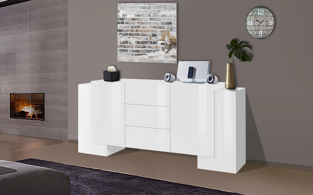 Credenza con 4 Ante e 3 Cassetti 210x45x85 cm Pillon Side 4A 3C Bianco Lucido