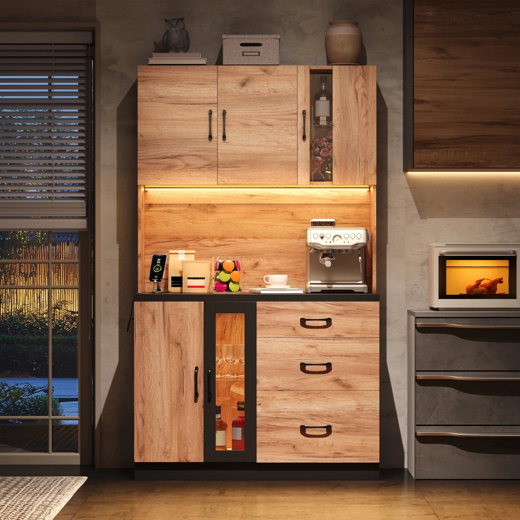 Colonna da cucina con 3 cassetti; LED e prese - per cucina - 105×40×180 cm - nero