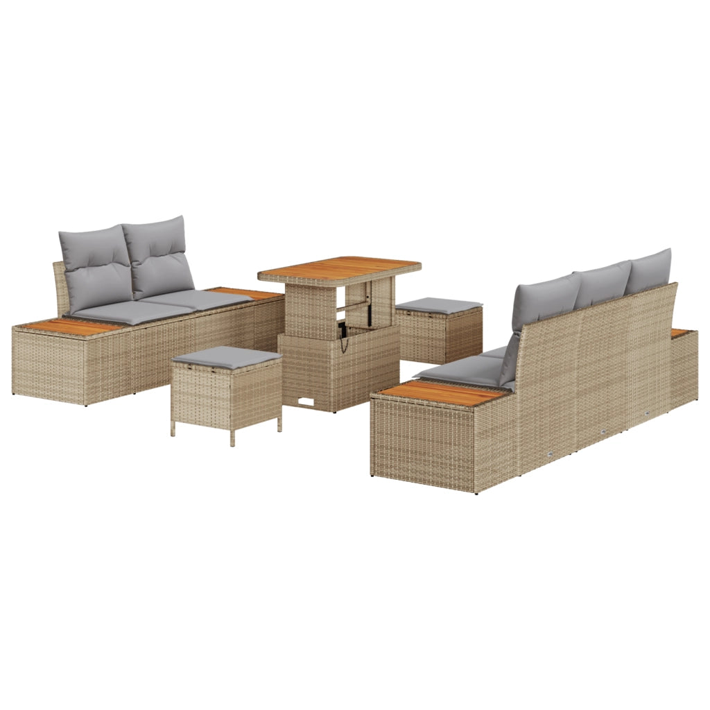 Set di Divani da Giardino con Cuscini Beige in Polirattan e Acacia da 8 Pezzi
