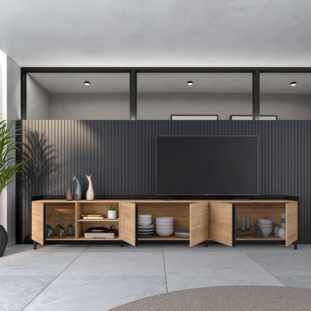 Mobile TV Soggiorno, 309x61x35 cm, Per TV fino a 80", Design industriale, Rovere e nero