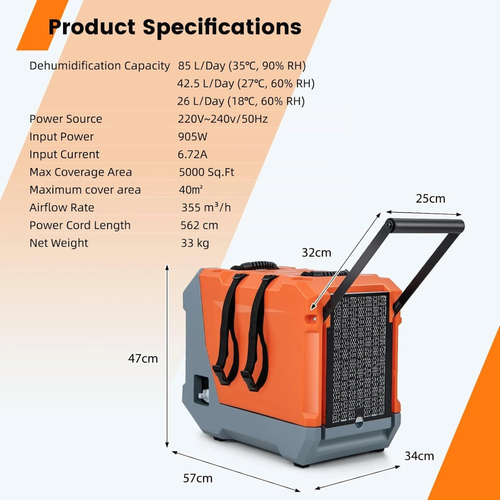 Deumidificatore Elettrico 85L/Giorno, Deumidificatore Industriale Professionale con Pompa di Scarico Automatica, Tubo di Scarico, Timer 24 Ore, per Cantine, Fabbriche, Magazzini (Arancione)