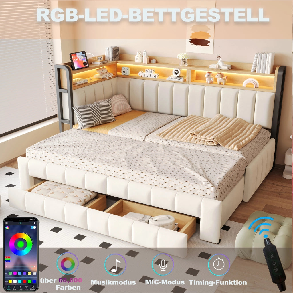 DIVANO LETTO Estraibile 90x200/180x200 cm Velluto Beige con LED