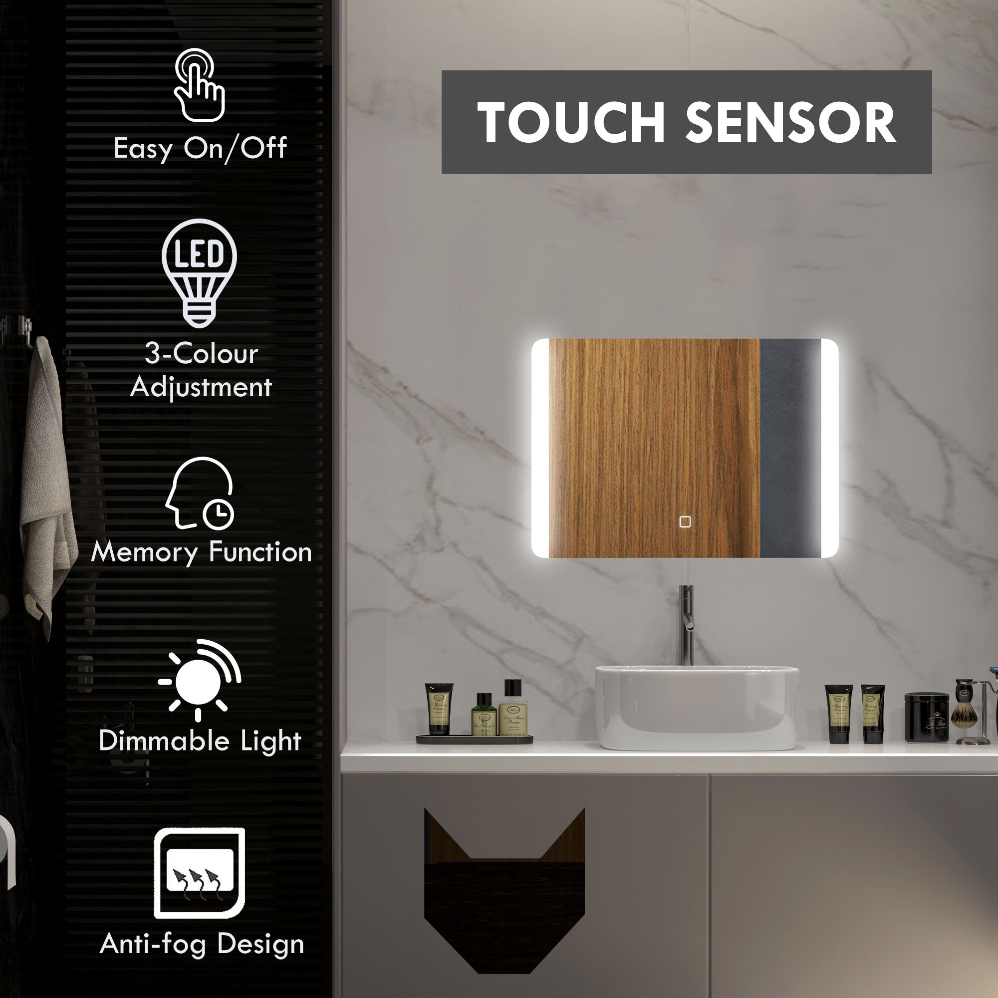 Specchio Bagno con LED a 3 Temperature e Interruttore Touch 70x50 cm Antiappannamento