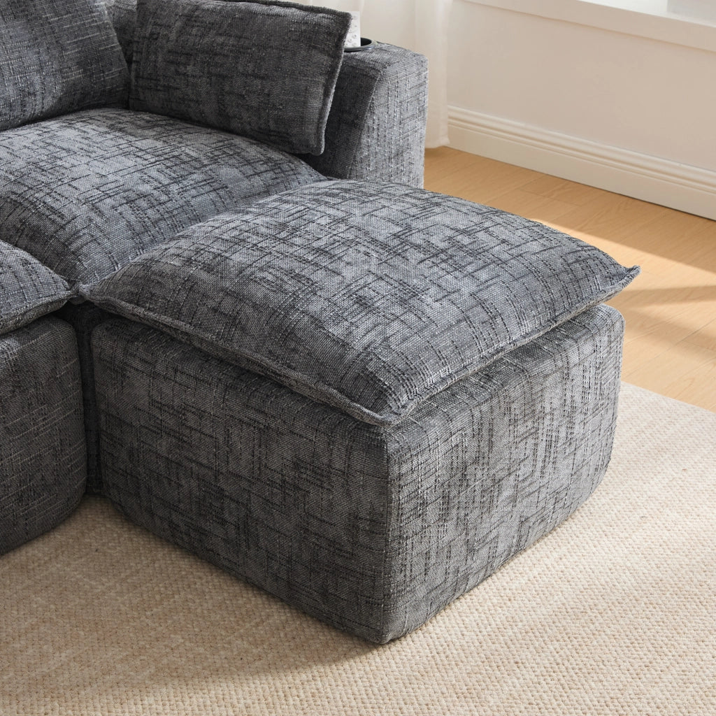 Divano modulare 4 posti con tasche laterali e cuscini in tessuto chenille grigio scuro per salotto 322 × 161 × 75 cm