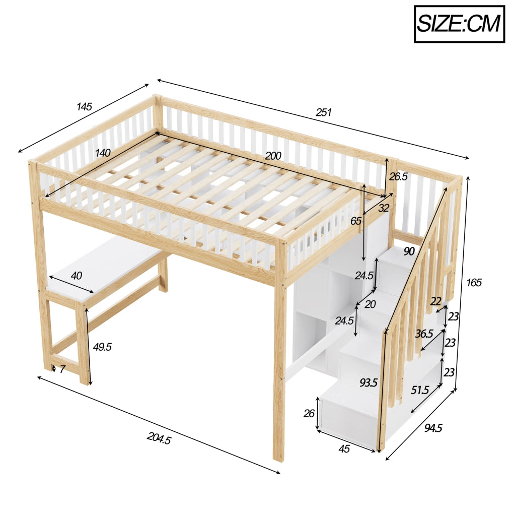 Letto a soppalco 140 x 200 cm con scrivania, ripiani e luce LED
