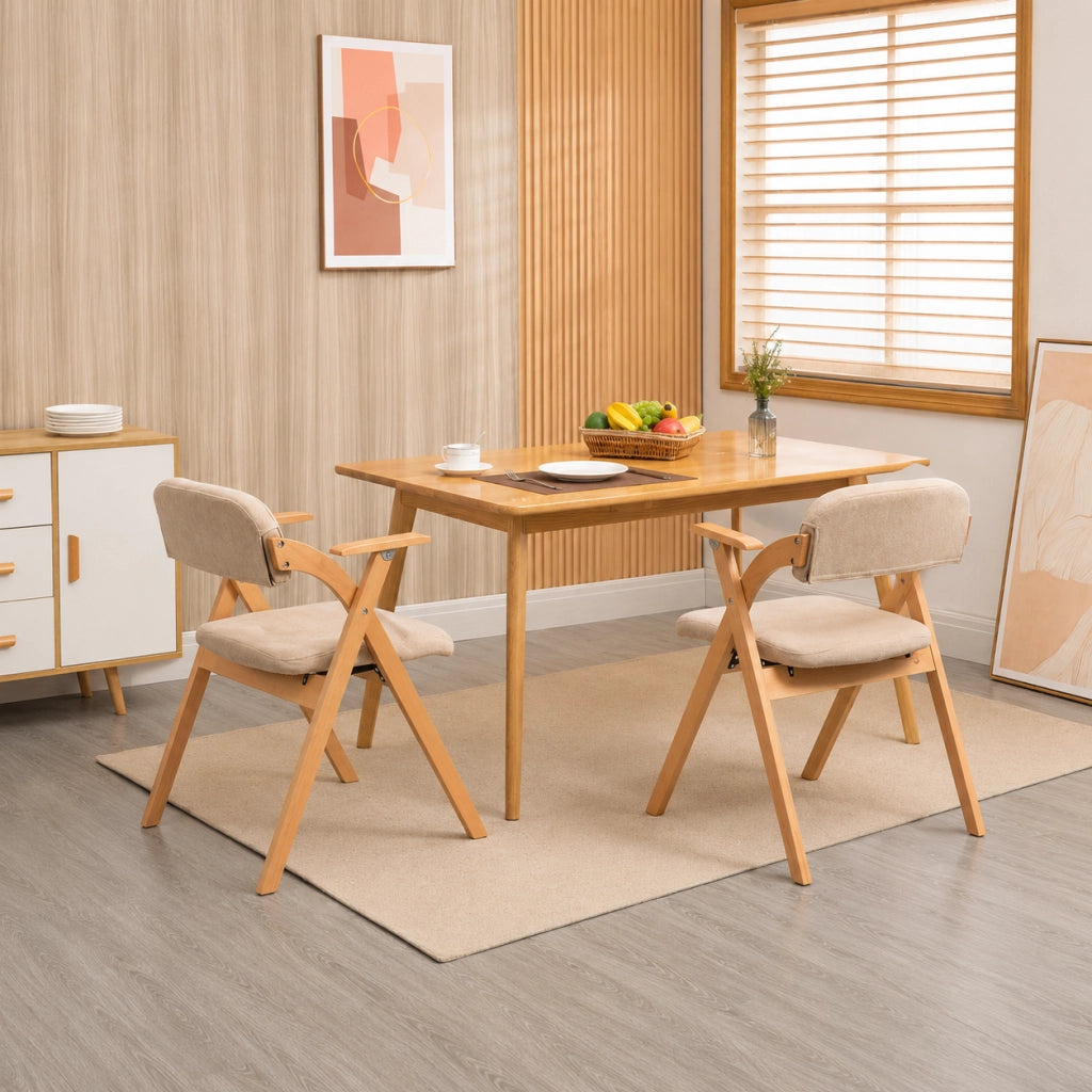 Set di 2 sedie pieghevoli con braccioli; seduta imbottita in legno; kaki