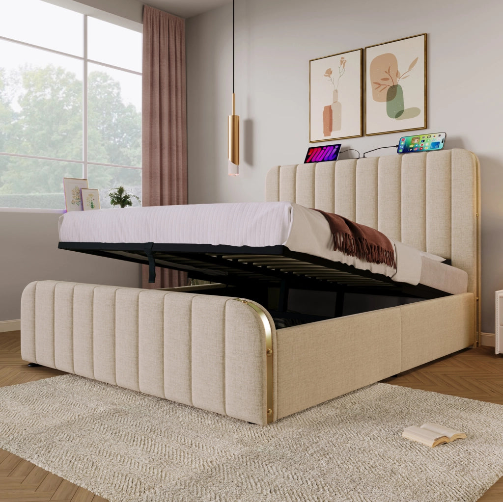 Letto matrimoniale contenitore 140x200 cm in lino beige con testiera USB e Type-C