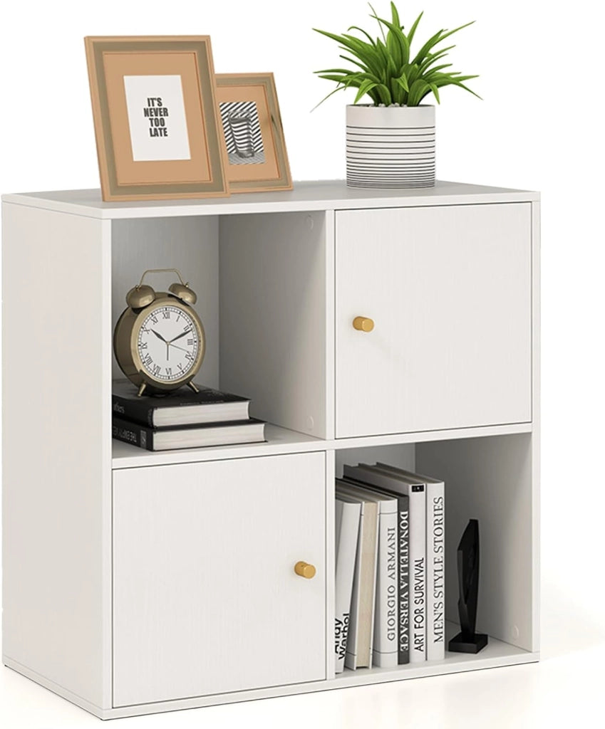 Libreria a 4 Cubi, Scaffale a 3 Piani con Doppio Kit Anti-Ribaltamento e 2 Armadietti, Organizzatore da Terra in Legno per Ufficio, Soggiorno e Camera da Letto, 60 x 29 x 60 cm