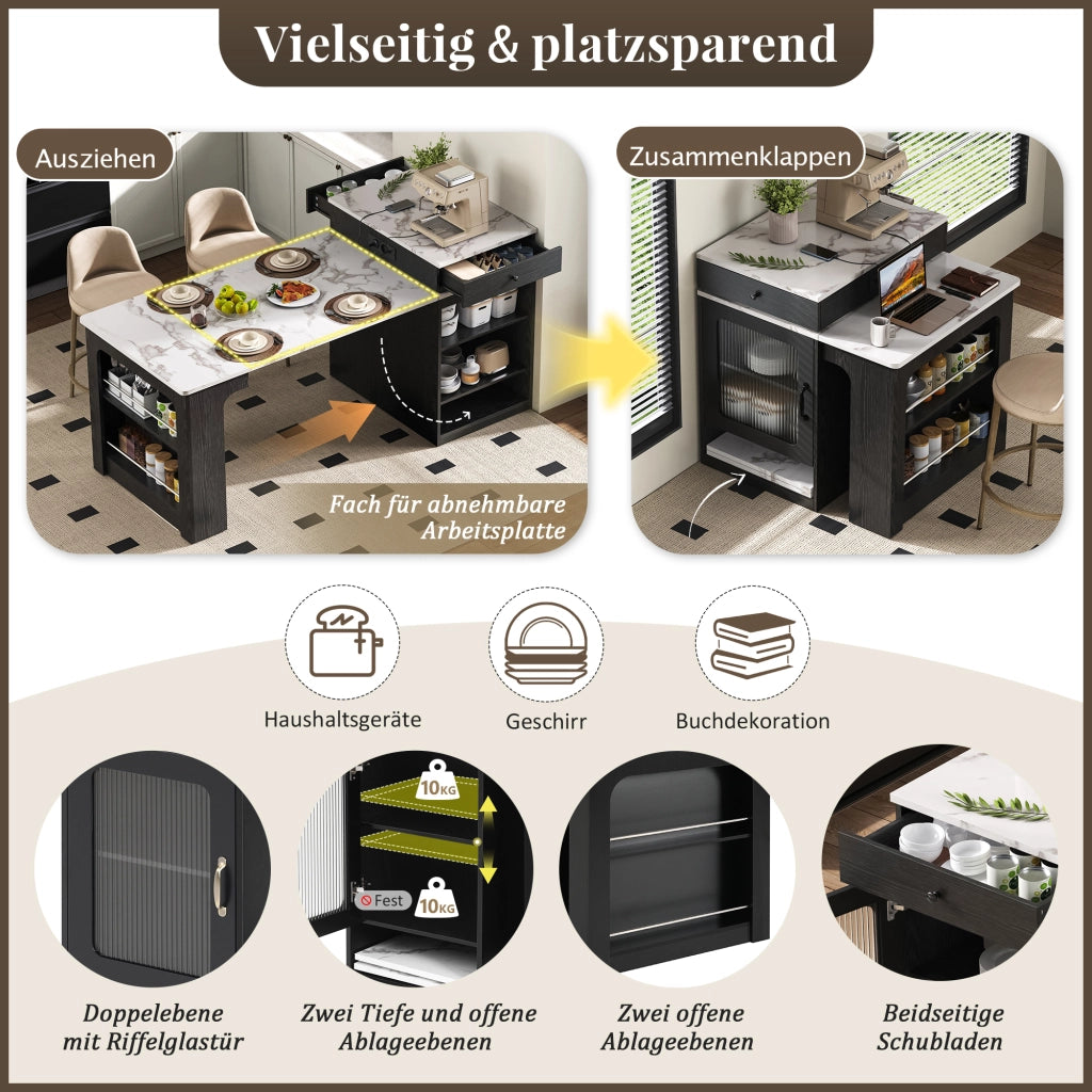 Tavolo da Pranzo Allungabile per 4 Persone con 1 Cassetto; Ripiani Regolabili e Prese; in MDF e Vetro