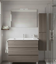 Mobile Bagno BALDER Già Montato 3 cassetti con piedini, lavabo e specchio Rovere affumicato 100x40 cm con colonna