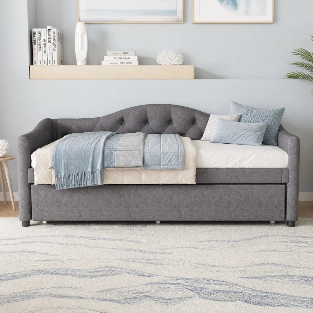Letto singolo 90x200 cm con letto estraibile in lino grigio HAVRYA