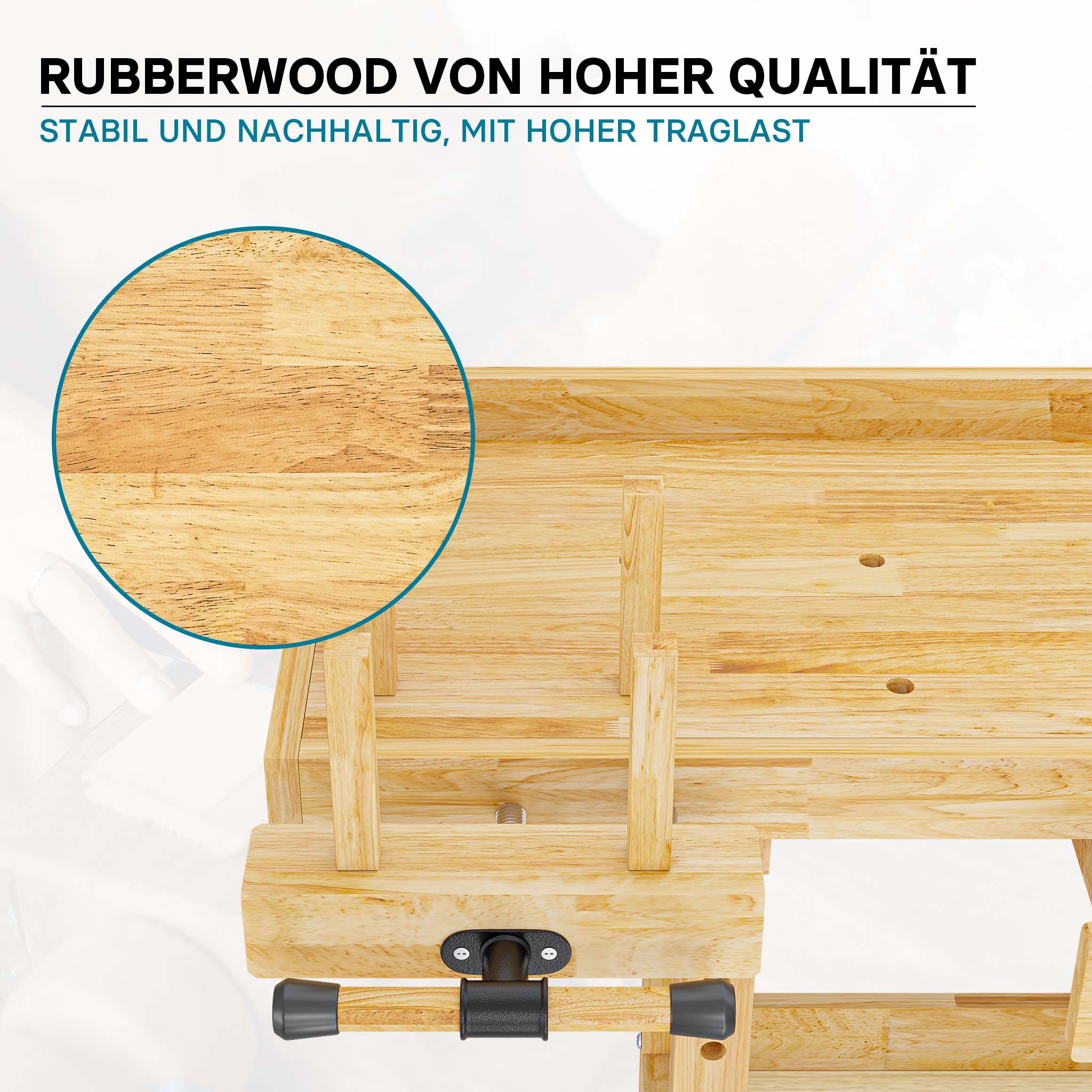 Banco da lavoro 145x49x86cm in legno (Rubberwood) ripiano e pinze di serraggio