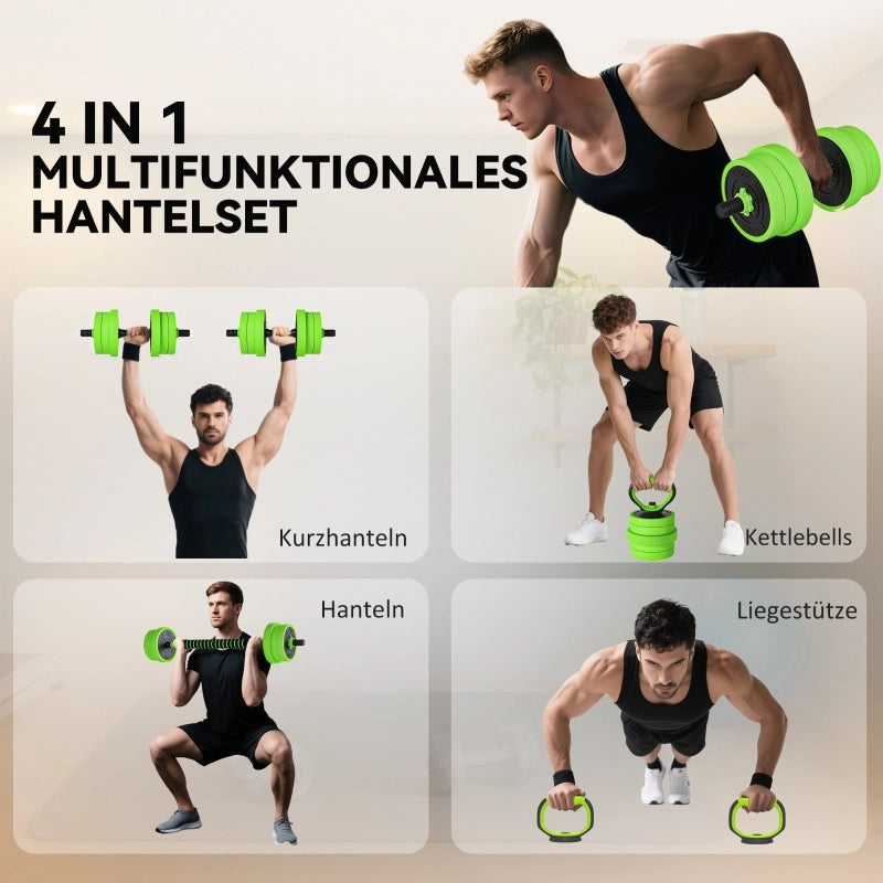 Set di manubri 4 in 1 da 20 kg con manubri regolabili, bilanciere, kettlebell e maniglie per flessioni, colore verde.
