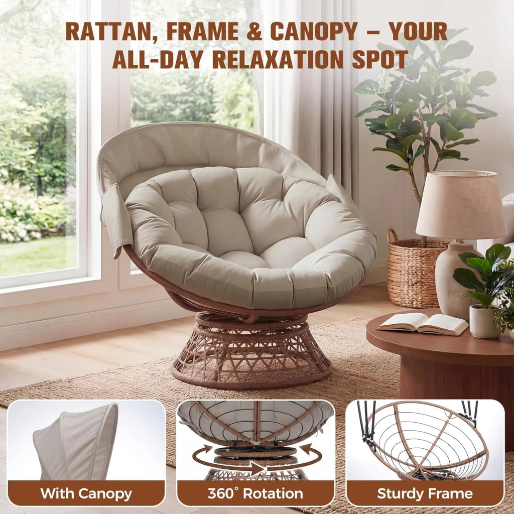 Poltrona da papasan, comoda poltrona girevole con cuscino rotondo, comoda poltrona in rattan, girevole, in vimini, per soggiorno, angolo lettura, lounge – marrone