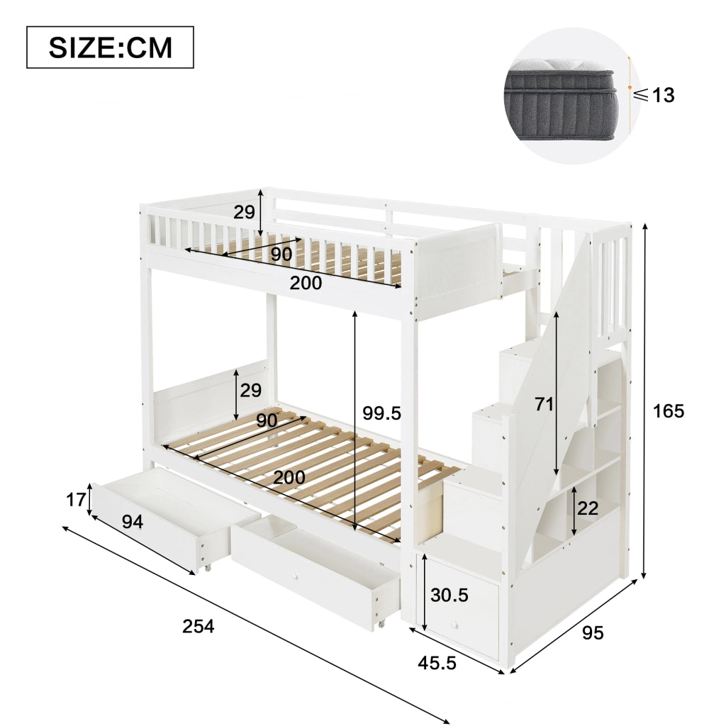 Letto a castello per bambini 90 × 200 cm con scala contenitore e 2 cassetti, senza materasso, in legno, bianco